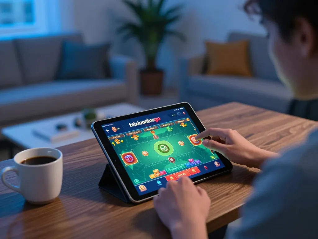 Player engaging with the taixiuonlinego casino app, showcasing online gambling action in a cozy home setting.