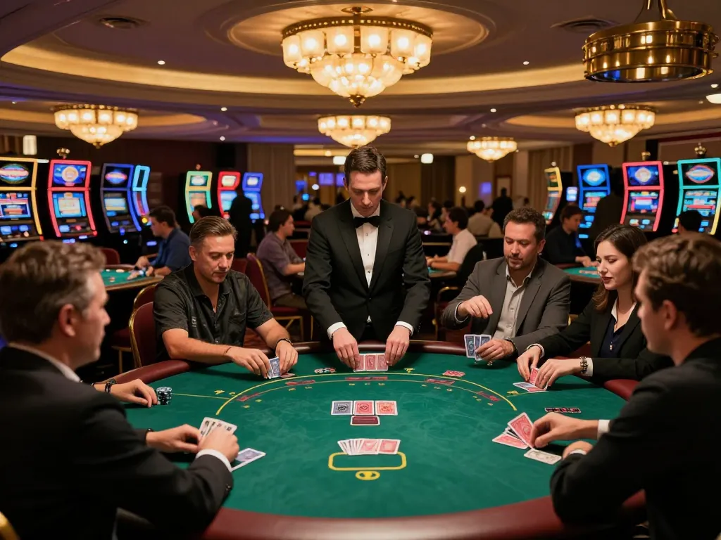 Experience strategic gameplay at Net88's elegant casino with players and professional dealers engaged in poker.