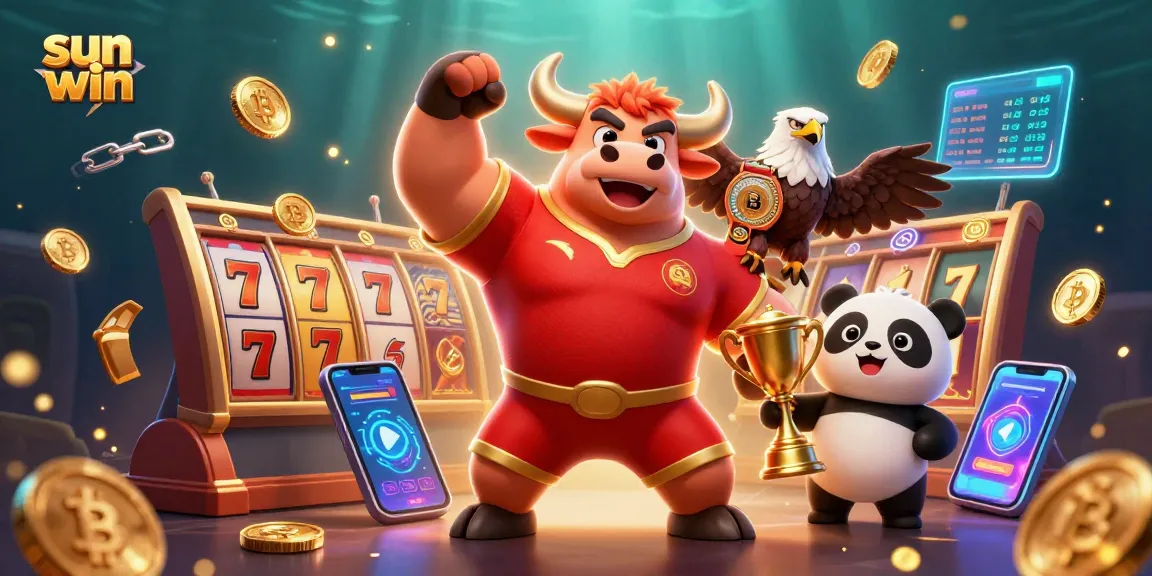 Experience the thrill of sun win with victorious characters surrounded by slot reels and vibrant game elements.