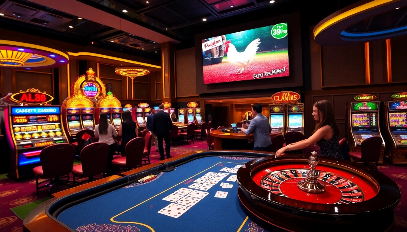 Alo789 Đá gà trực tiếp betting scene with excited gamblers and vibrant casino elements.