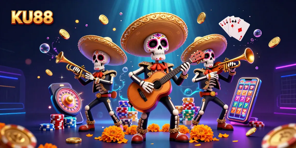 KU88 offers a vibrant 3D illustration showcasing a mariachi band amidst casino elements, enhancing the gaming experience.