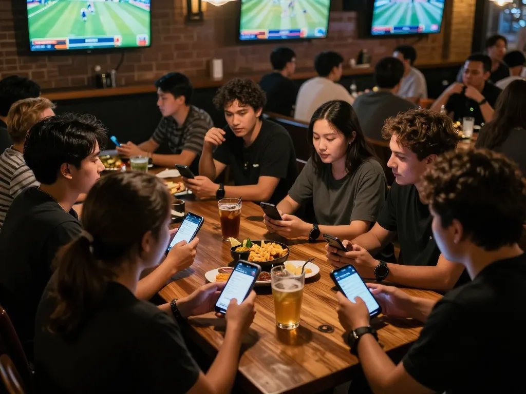 Fans excitedly engaging in sports betting using nhandinhkeonhacai app at a lively sports bar