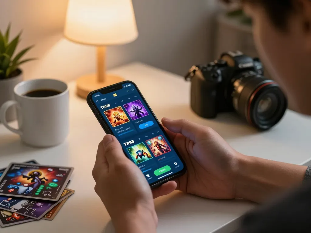 Person playing on the TR88 trang chủ app showing exciting casino features in a cozy home setting.