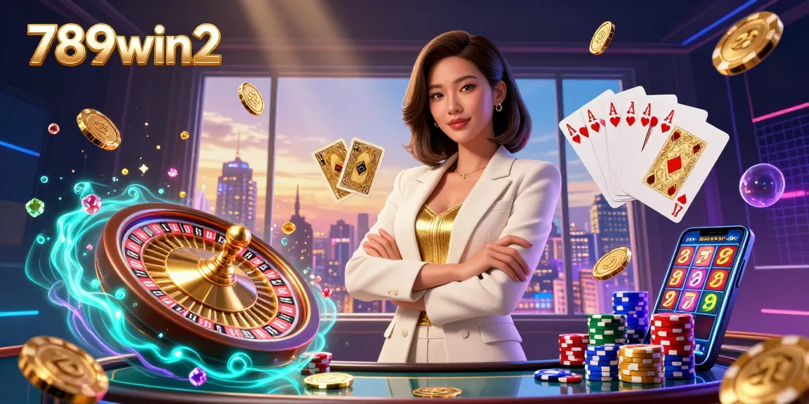 Engage with thrilling gameplay at 789win2, featuring casino elements like golden cards and vibrant chips.