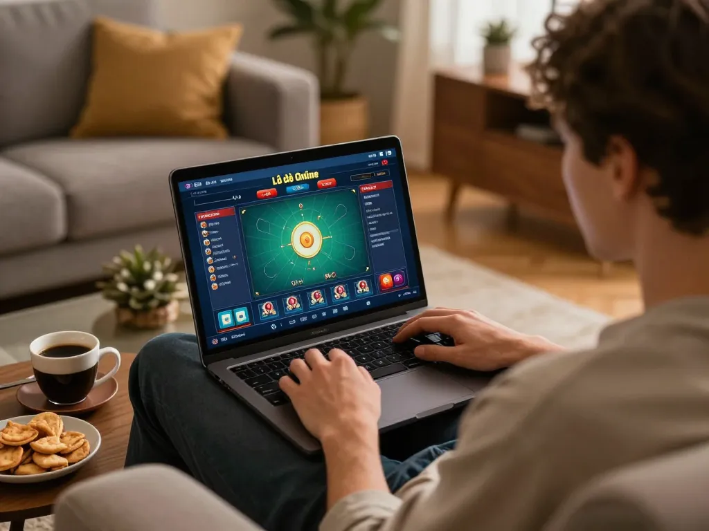 Lô Đề Online gameplay interface displayed on a laptop during a cozy home gaming session
