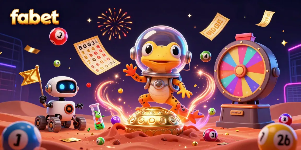 Fabet presents a vibrant 3D scene of a Martian gecko exploring a golden casino with dynamic lottery elements.