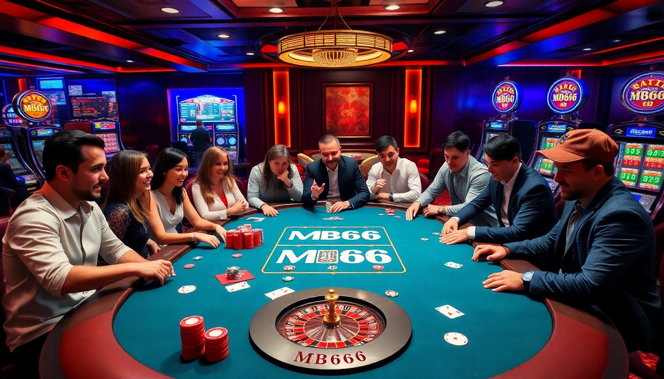 Players actively engaging with the MB66 gaming table at a vibrant casino, showcasing excitement and strategy.
