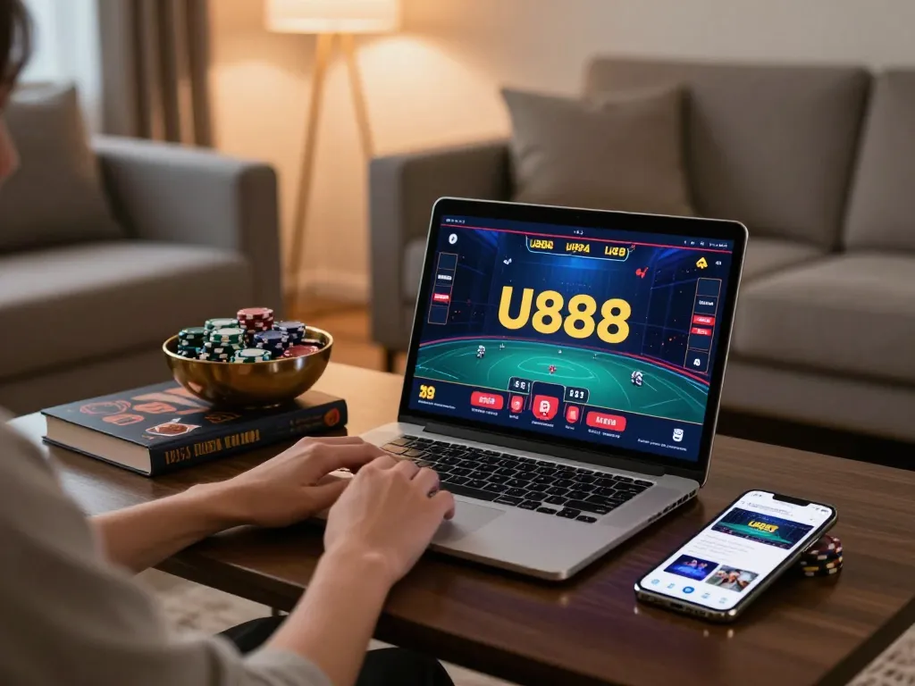 Engaging user playing U888 online casino games on a modern laptop in a cozy living room.