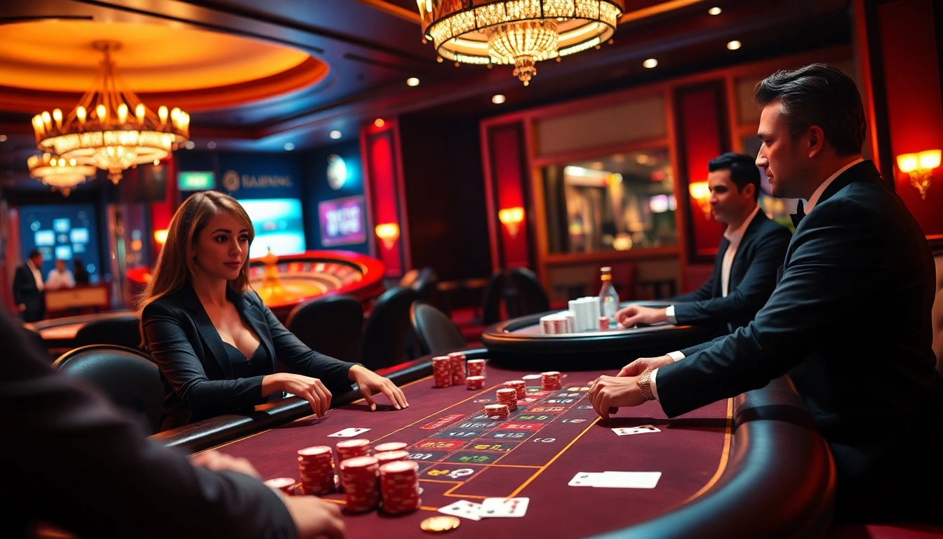 Excited players at a KP88 casino poker table, showcasing vibrant chips and cards.