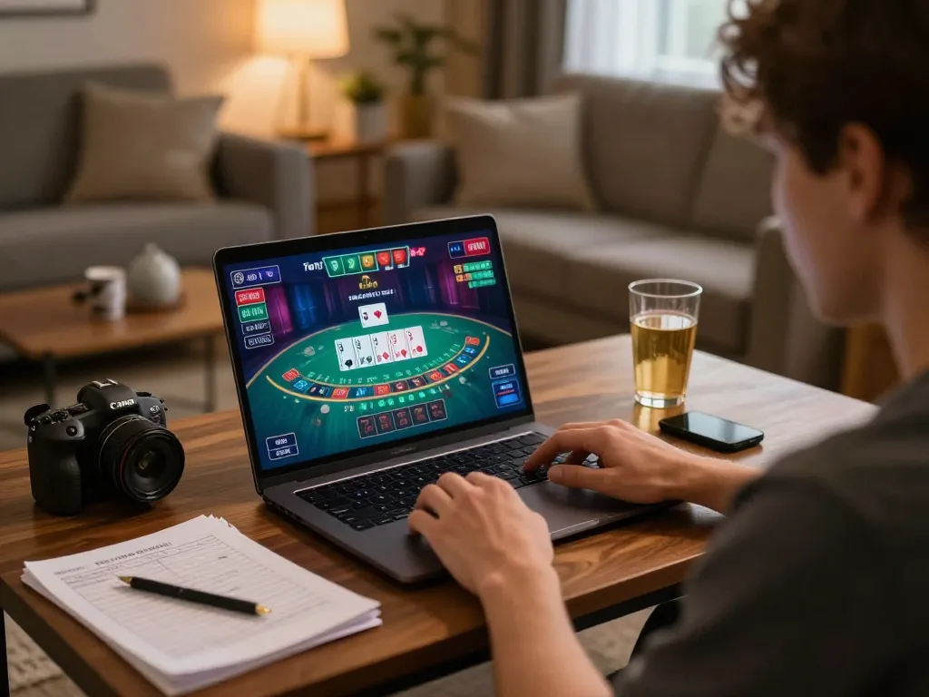 Player engaging with online blackjack game at home, showcasing fed strategies for smart gaming.