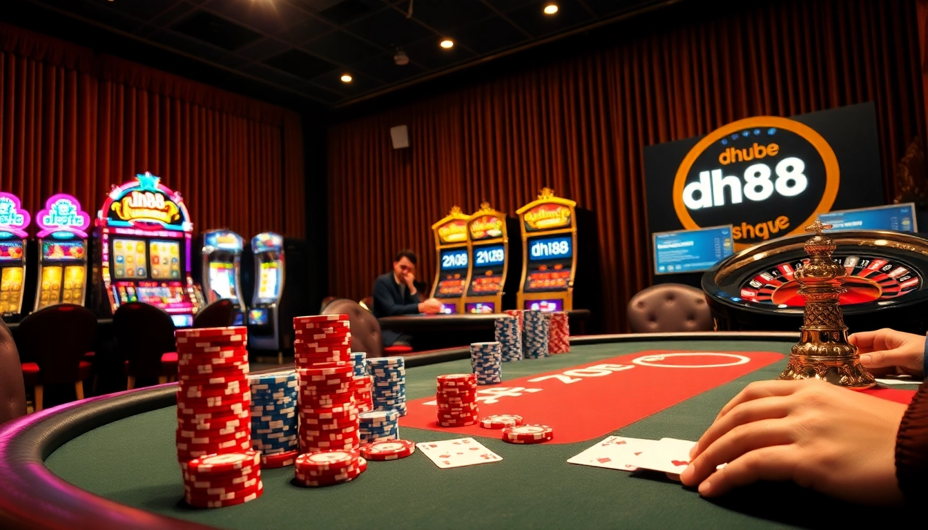 Exciting gambling scene featuring a poker table and dh88 chips in a luxurious casino environment.