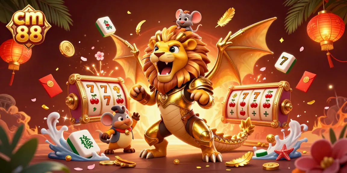 Experience thrilling gameplay at cm 88 with vibrant slots, 3D chimera creature, and flaring fireworks.
