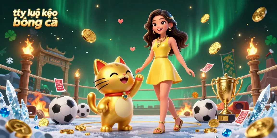 Betting on tỷ lệ kèo bóng đá in a vibrant 3D scene with a cheerful Asian woman and a lucky cat.