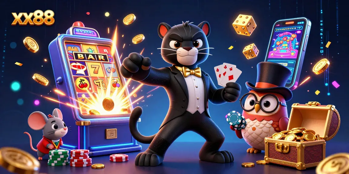 Win big with xx88 at this vibrant casino scene featuring a stylish panther and lucky characters.