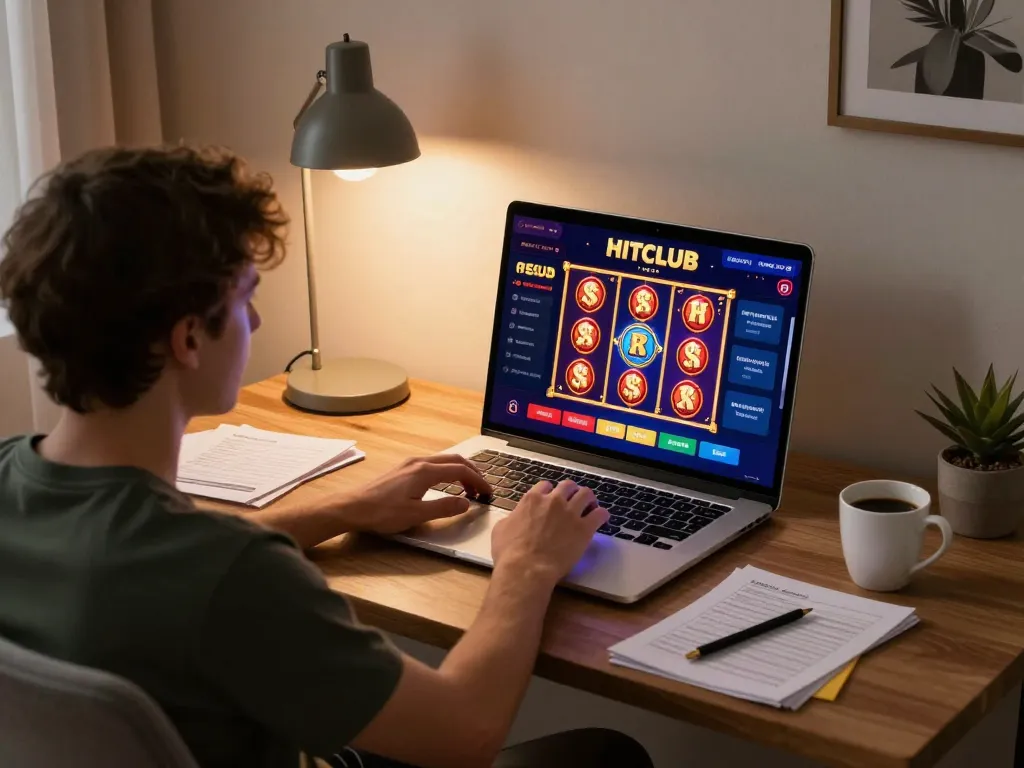 Engaging in online gaming at HITCLUB with vibrant slots visible on screen and strategic notes at hand.