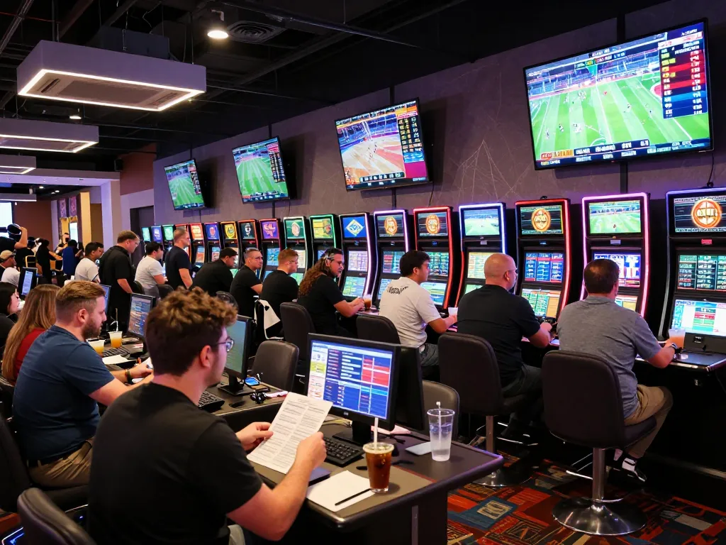 Engaged bettors placing wagers in a vibrant sports betting area at Bsport 6 casino.