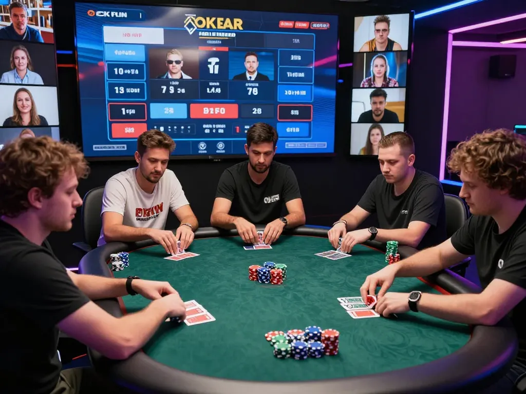 Players engaging in a poker game at OKFUN online casino, showcasing strategic betting in a vibrant virtual setting