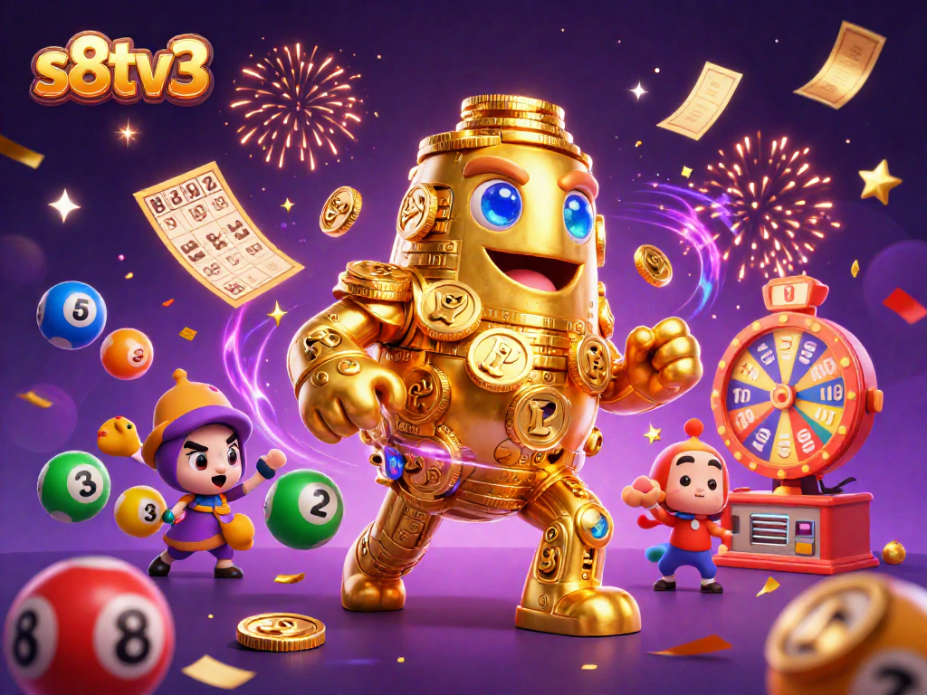 Immerse in the excitement of s8tv3 with vibrant colorful elements and a golden golem symbolizing wealth.
