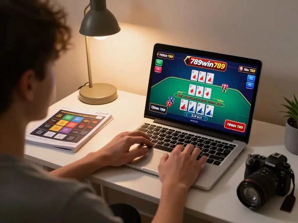 Engaged player at 789win789 online casino, immersed in live blackjack action on a laptop