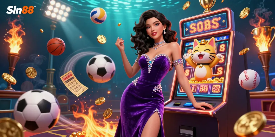 Experience the excitement at Sin88 with a glamorous woman celebrating a jackpot on a sparkling slot machine.