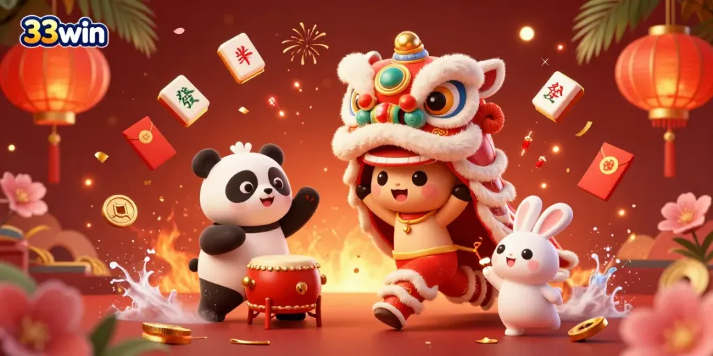 Experience the excitement of 33win with vibrant casino-themed characters in a lively Chinese New Year celebration.