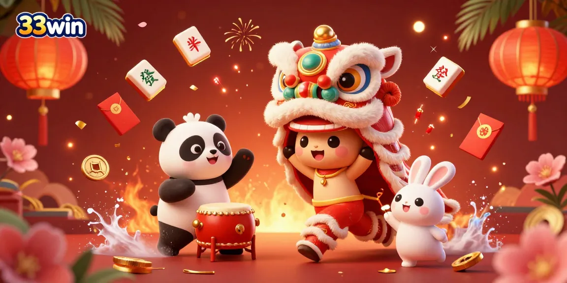 Experience the excitement of 33win with vibrant casino-themed characters in a lively Chinese New Year celebration.