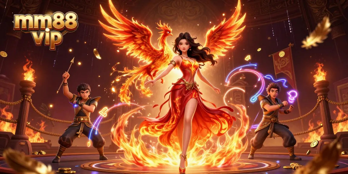 Experience exciting gameplay at mm88 vip with stunning visuals of an Asian woman, phoenix, and gold elements.