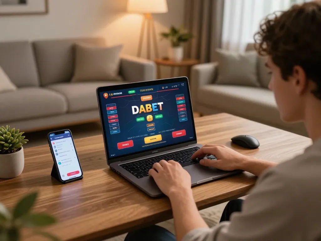 DABET player enjoying a live casino game on laptop, showcasing strategic gameplay at home.