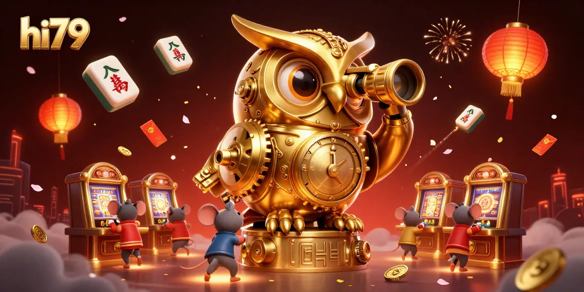 Experience the excitement of hi79 with a 3D cartoon scene featuring a clockwork owl and vibrant casino elements.