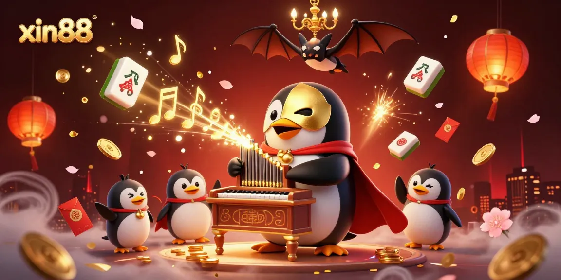 Experience the vibrant excitement of xin88 with a cartoon penguin playing an organ in a dynamic casino setting.