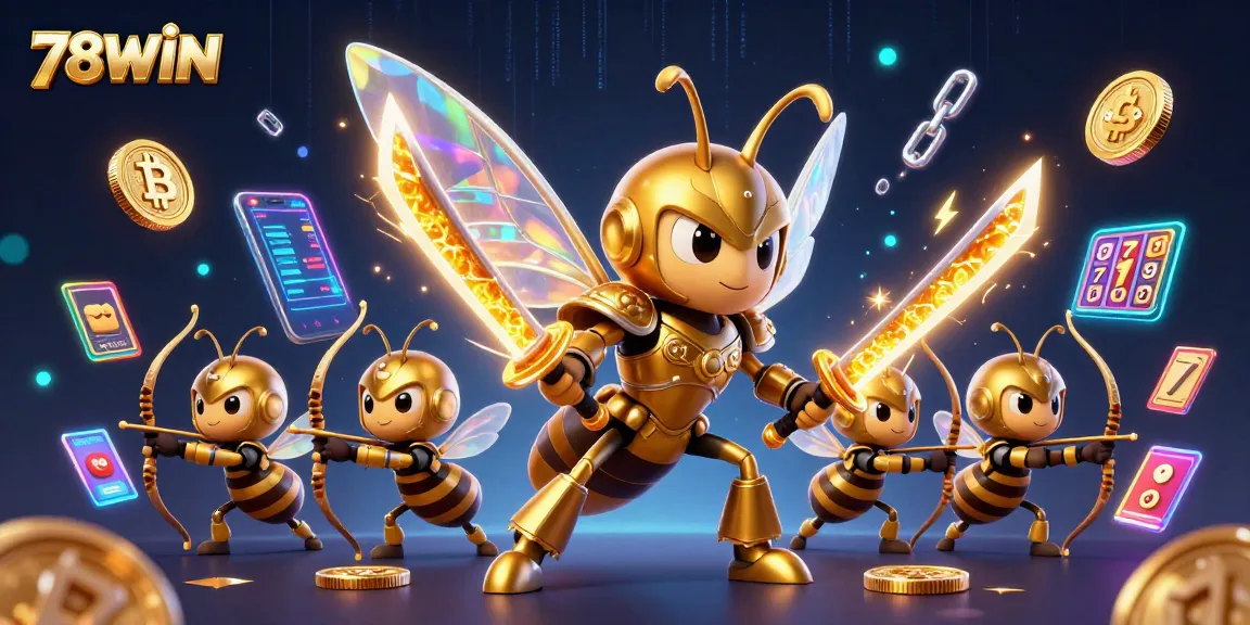 Experience thrilling gaming action at 78WIN with vibrant golden hornet samurai and crypto elements.