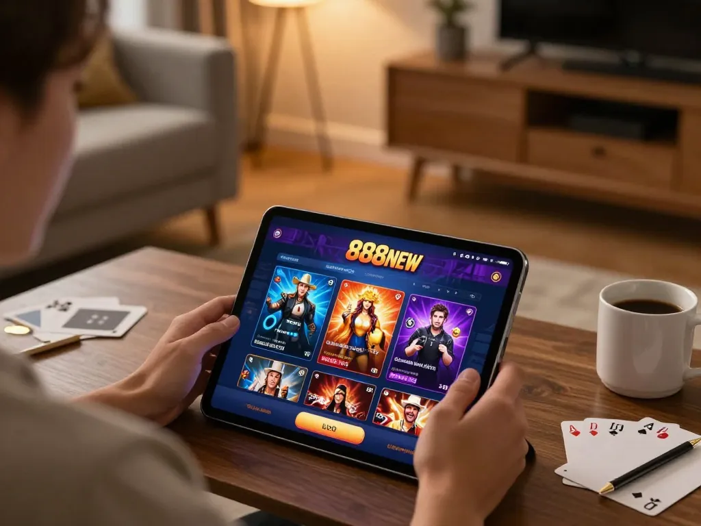 Engaging gameplay on the 888NEW app, showcasing popular casino games in a cozy setting.