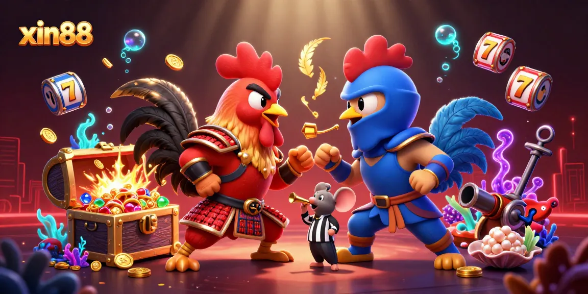 Experience thrilling gameplay with xin88 as fighting roosters clash in an exciting 3D casino scene.