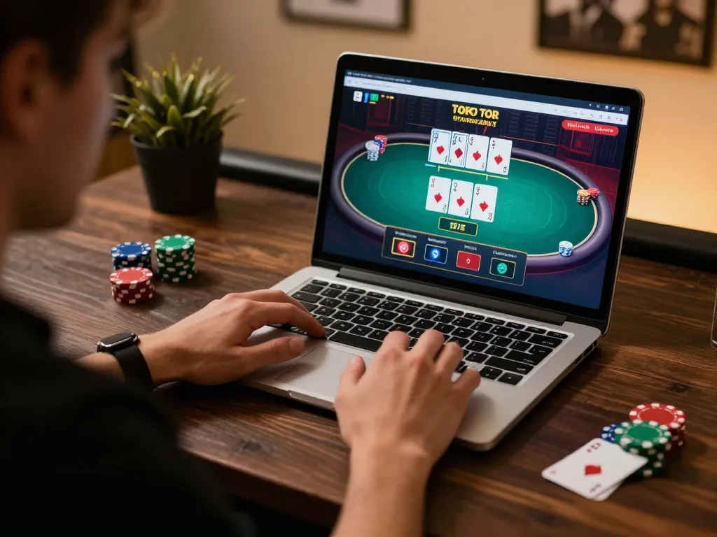 Person engaging in online kuwin poker gameplay with strategic betting in an inviting home office