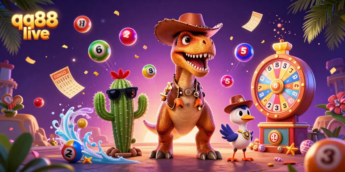 Experience thrilling gameplay with qq88 live, featuring a dynamic 3D scene of a T-Rex, cactus, and roadrunner in a casino atmosphere.