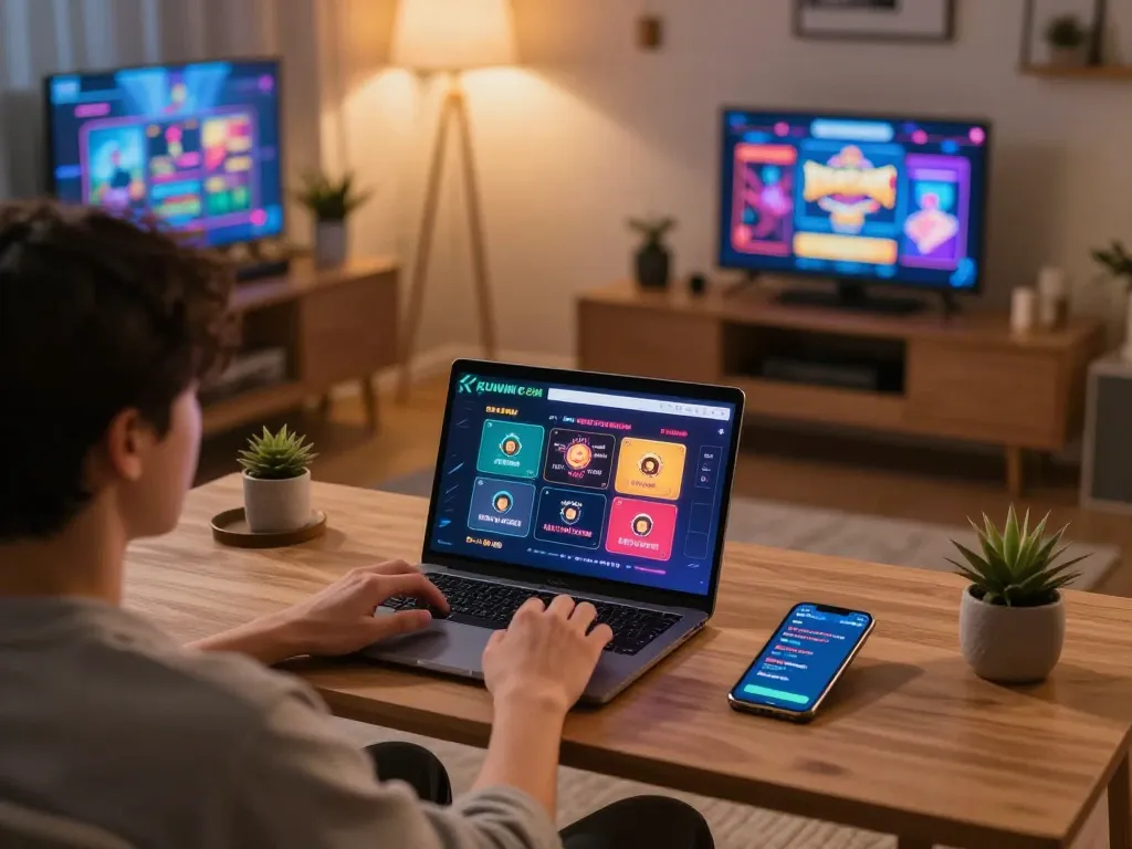 Engaging in strategic gameplay on KUWIN COM with a laptop in a cozy home setting, showing online betting atmosphere.