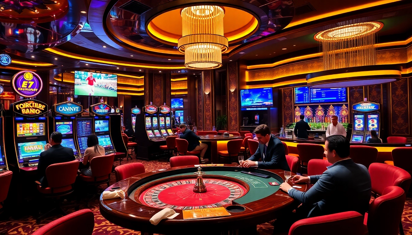 Experience the excitement of open88 casino with players enjoying a vibrant gaming atmosphere and luxurious decor.