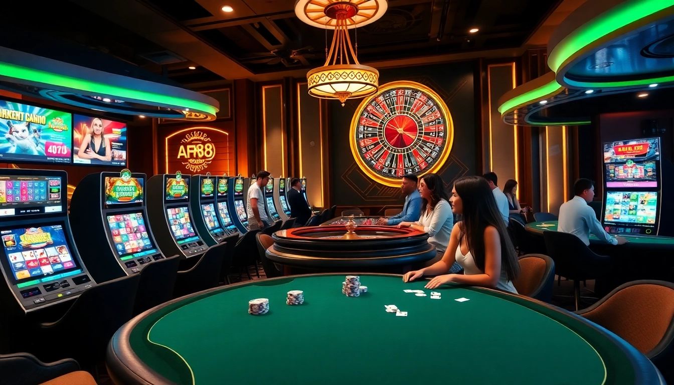 A vibrant scene showcasing players engaging with the AF88 app in a luxurious online casino.