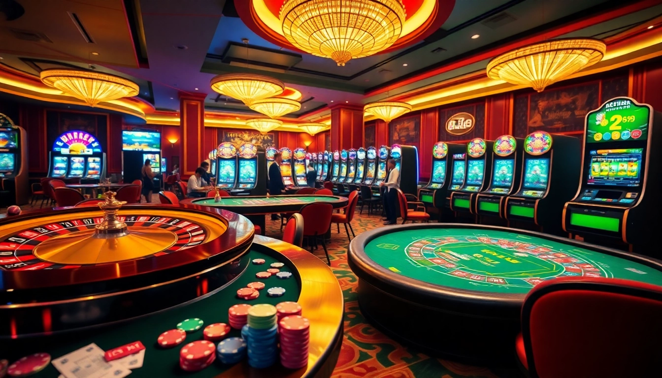 Players enjoying the action at RR88 KJC's vibrant casino tables with engaging slot machines.