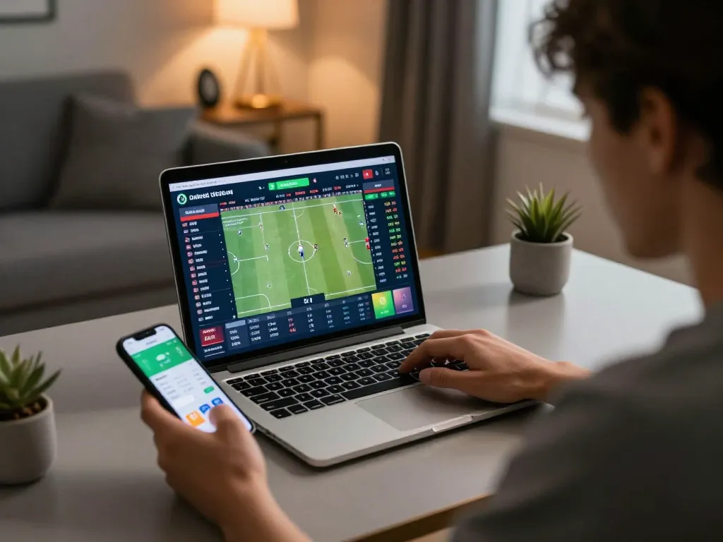 Viewing live sports odds on kèo nhà cái through laptop while placing online bets