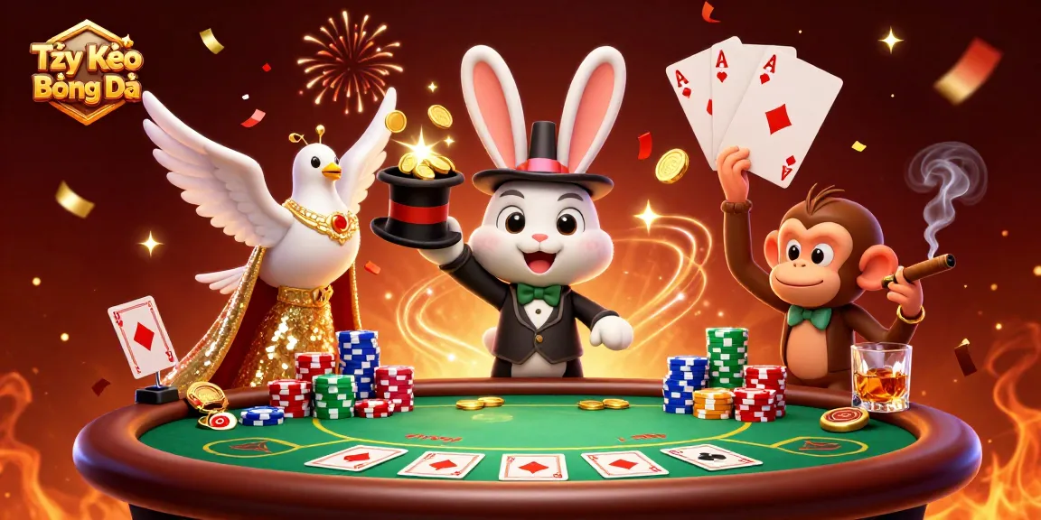 Engage with Tỷ Lệ Kèo Bóng Đá through a magical scene with a rabbit, dove, and monkey at a lively poker table.