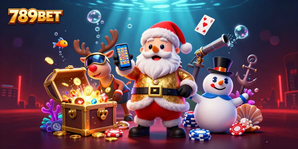 Experience big wins with 789BET at this colorful casino scene featuring a festive Santa and friends.