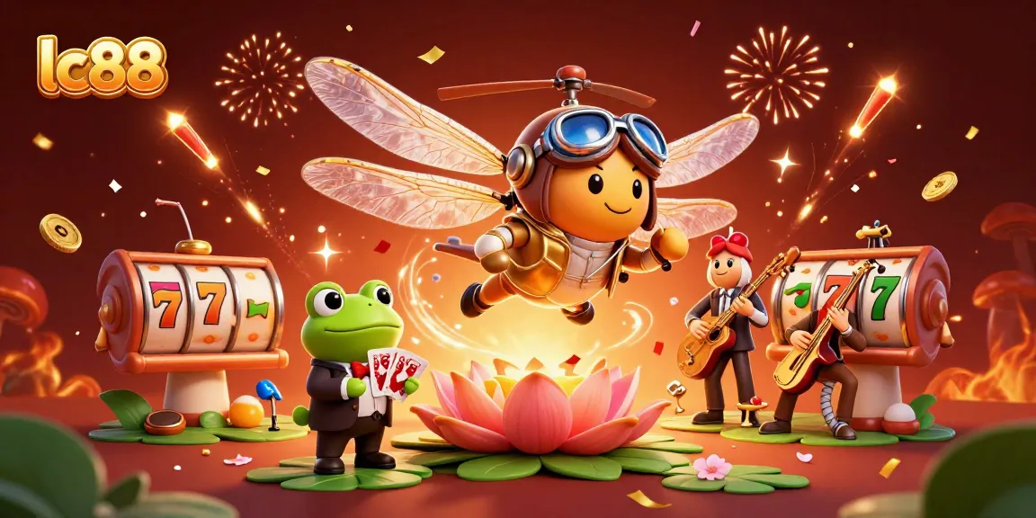 Experience the excitement at lc88 with a vibrant casino scene featuring a dragonfly pilot and frog dealer.