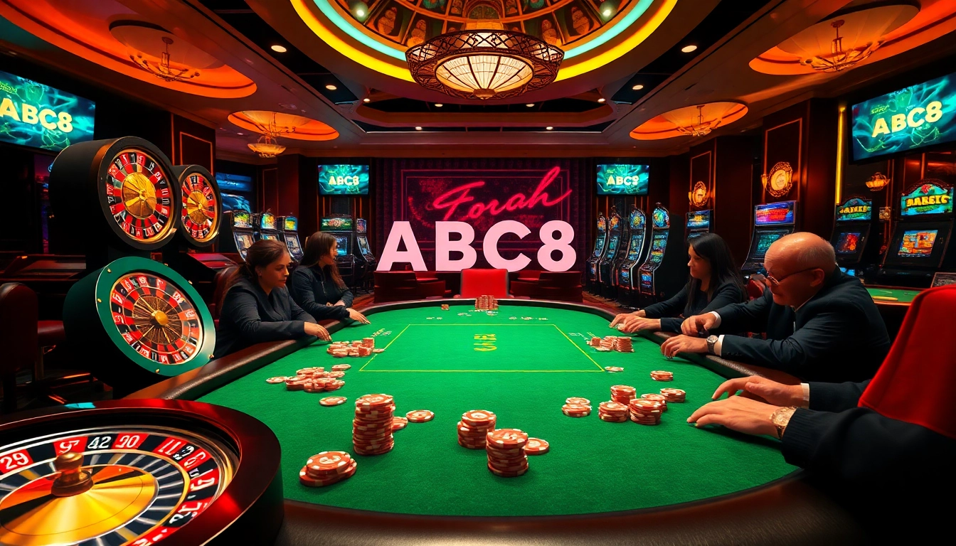 Players strategizing at a poker table in a luxurious casino featuring ABC8 branding on screens.