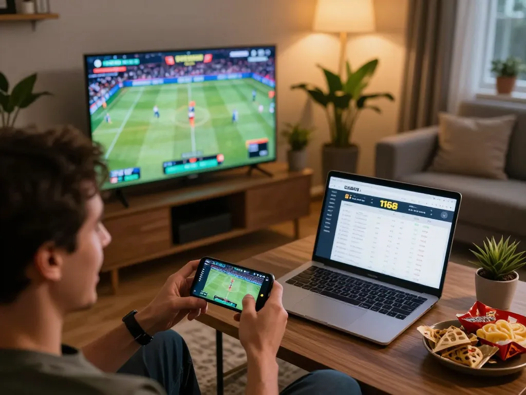 Betting on f168 with smartphone in a cozy living room, excitement in the air.