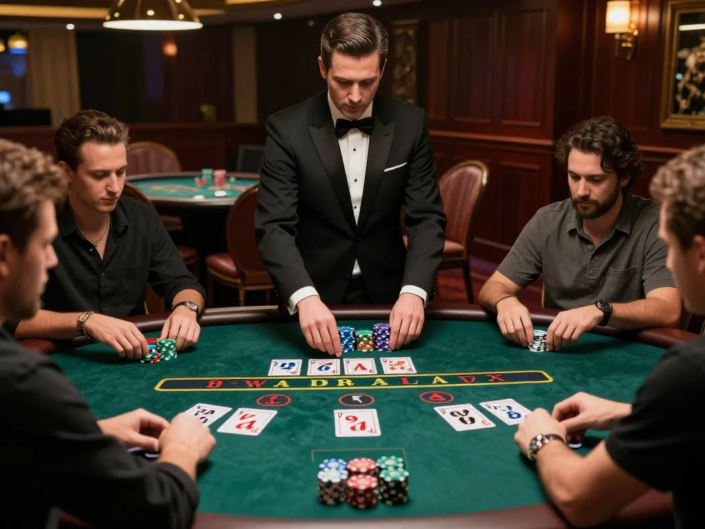 Engaging blackjack game scene at a casino showcasing players with chips and cards, highlighting 789win 37 strategy in action.