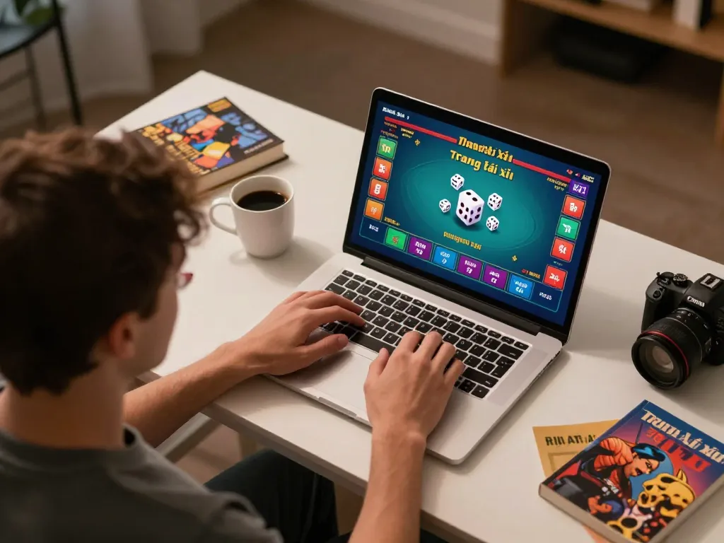 Engaged player using a laptop for Trang tài xỉu online gaming, showcasing interactive gameplay and strategic notes.