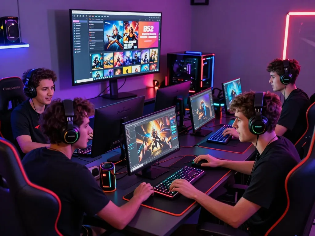 Gamers enjoying B52 gaming platform in a vibrant, modern setting with LED lights and high-tech peripherals.