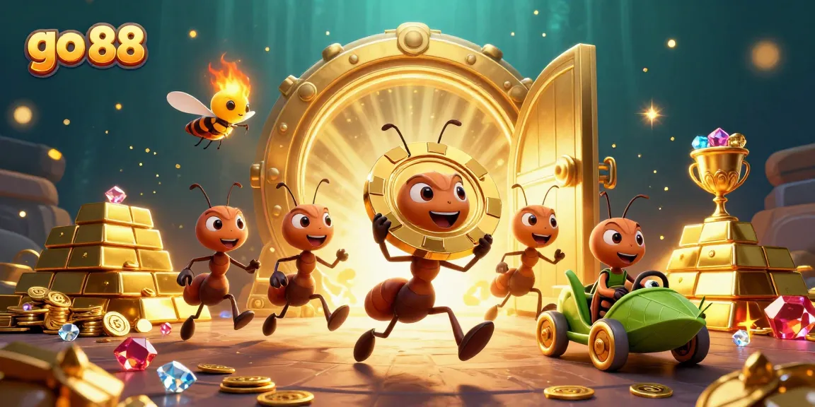 Engage with go 88 as ants carry a giant poker chip through a vibrant casino treasure scene.