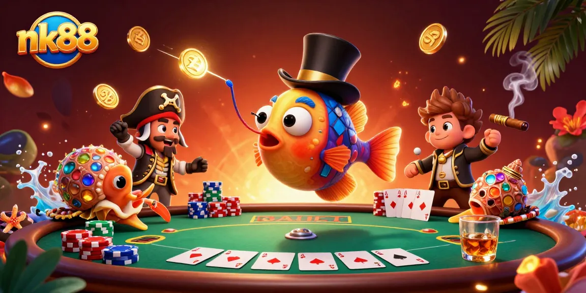 Engage with nk88’s thrilling casino atmosphere through a vibrant 3D illustration of a deep-sea anglerfish and friends.